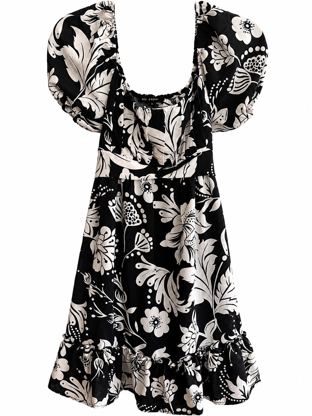 321. Blu Pepper Black & White Floral Puff-Sleeve Mini Dress